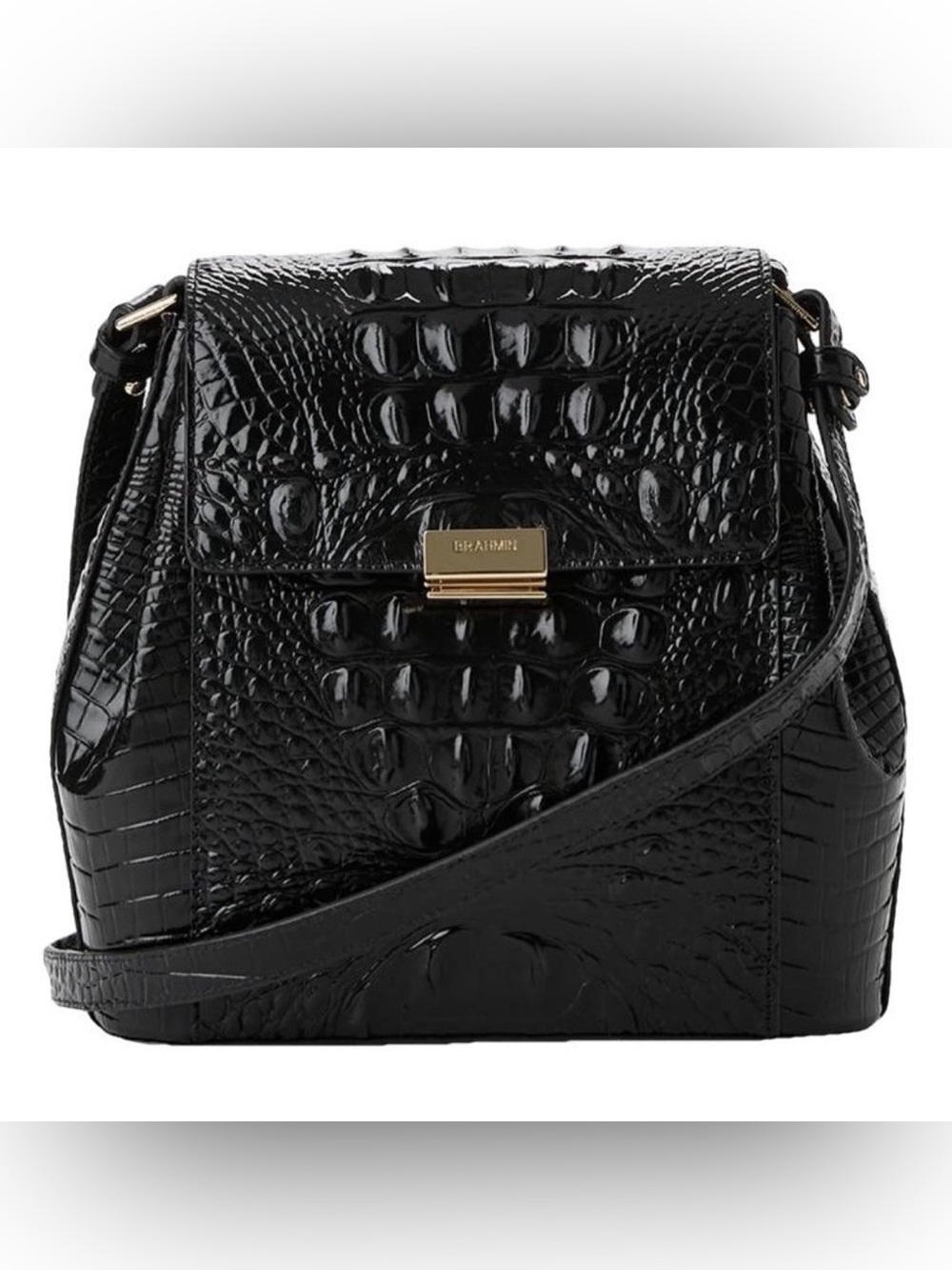 Brahmin Margo Black Croc-Embossed Leather Crossbody with Gold Hardware